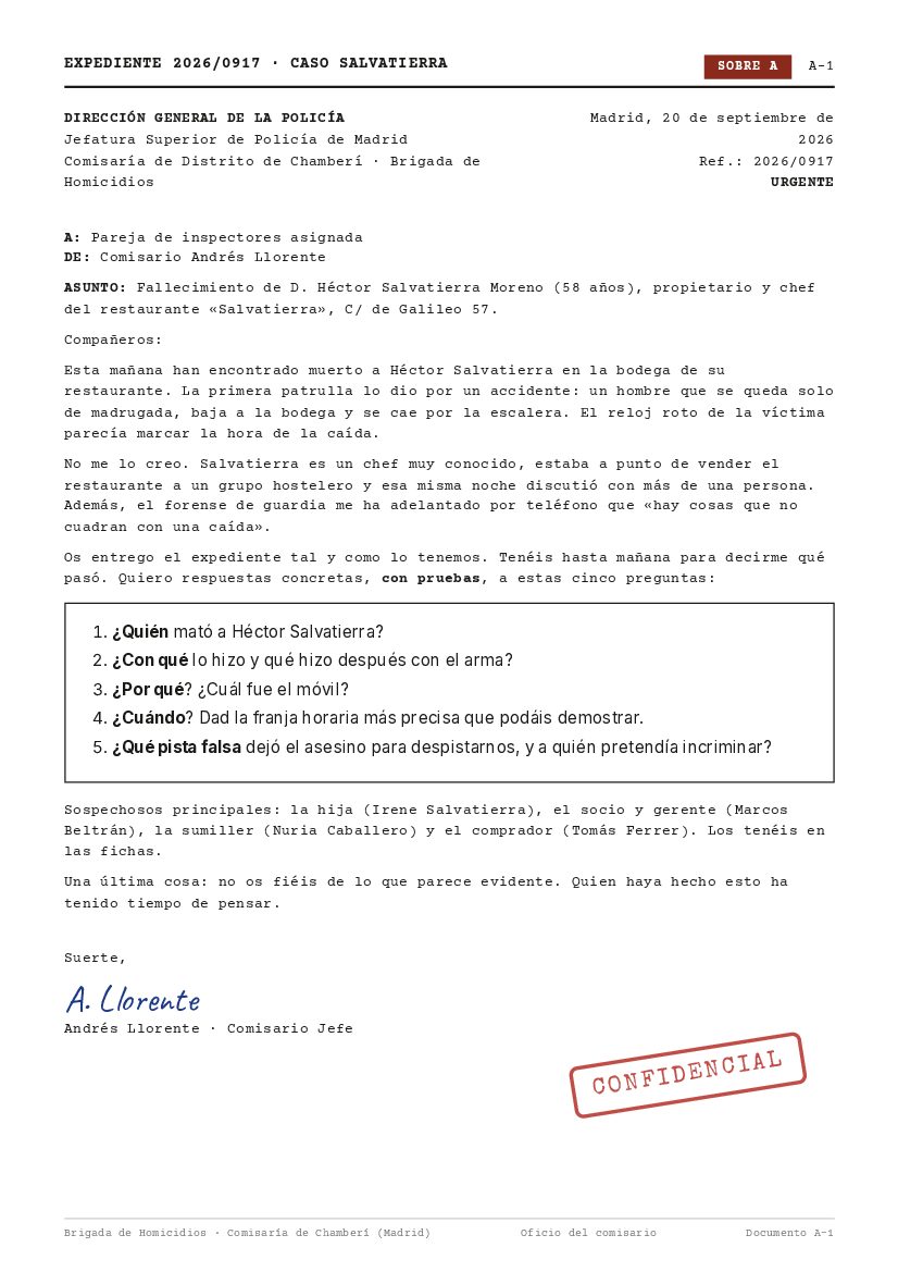 Oficio del comisario del caso Último servicio con las cinco preguntas a responder